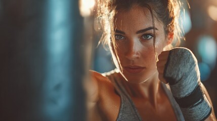 Woman Engaged in Boxing Training, Focusing on Core Rotation and Burning Belly Fat During Action Motion at the Gym