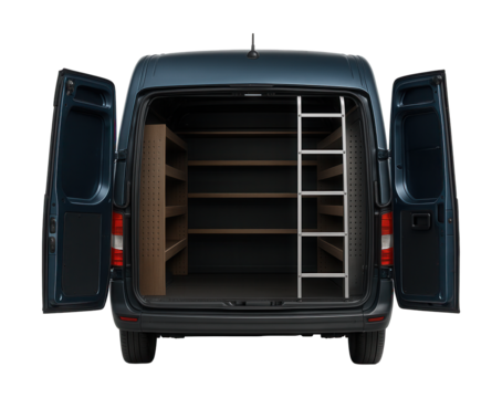 Panel van featuring tailored interior shelving and a rear access ladder.