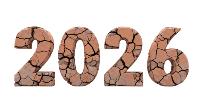 2026 Year Numbers Made of Cracked Dry Earth and Soil, Isolated on Transparent Background