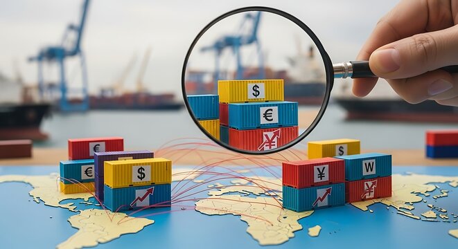 Global trade analysis with magnifying glass and colorful blocks on world map.