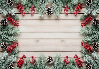 A festive winter flat lay with light wooden planks surrounded symmetrically by frosted evergreen branches, detailed pine cones, and bright red berries. Snow effects create contrast against the wood gr