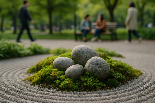 Zen Garden Serenity: Stones, Moss, and Raked Sand in a Tranquil Park - Powered by Adobe