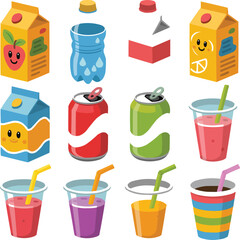 Colorful Beverage Icons  Flat Vector Mini-Illustrations for Kids