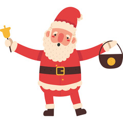 Joyful Santa Claus Character in Red Suit Ringing a Bell and Holding a Bag for Gifts on a Transparent Background