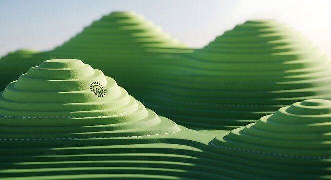 Green Layered Landscape with a Single Tree, Abstract Topography.