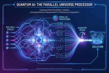 Futuristic diagram illustrating a Quantum AI processor exploring parallel universe computing.