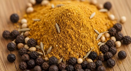 Ground turmeric powder with black peppercorns and seeds culinary spice ingredient aromatic condiment flavor food