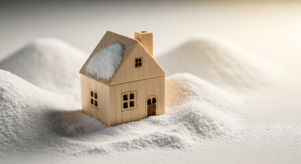 A small wooden model house in a snowy winter landscape. Real estate, property, and mortgage concept. Home insurance and investment background with copy space