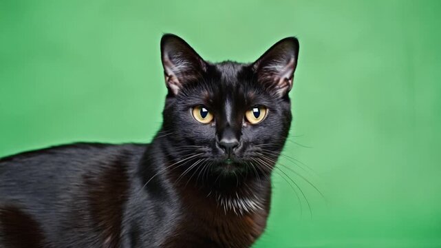 A sleek black cat with yellow eyes stares forward against a green studio backdrop calmly posing cat green screen video