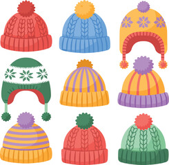 Colorful Knitted Winter Hats PNG  Flat Vector Element Set