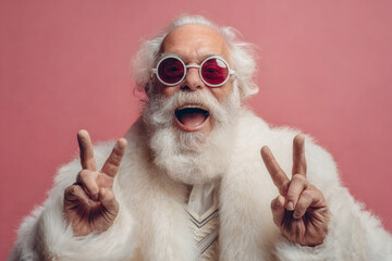 Santa in a red suit with white fur trim points up while wearing red suspenders and shades in a pink studio backdrop for a festive photo shoot