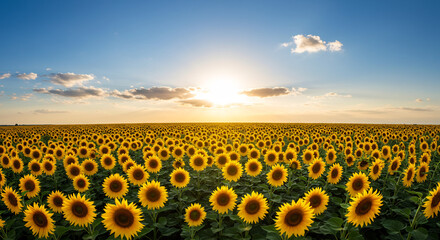 Expansive sunflower field bathed in warm golden light at sunset vibrant yellow blooms face the bright sun under blue sky. AI Generated