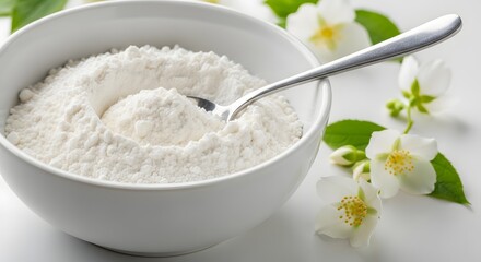 Fototapeta premium Bowl flour spoon white baking ingredient cooking food kitchen recipe jasmine flowers culinary