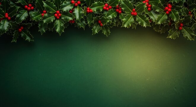 Christmas holly border with green festive background