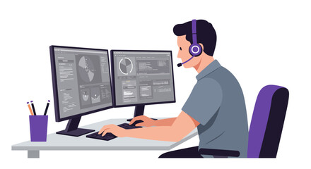 Man Working on Computer with Headset Vector Illustration.