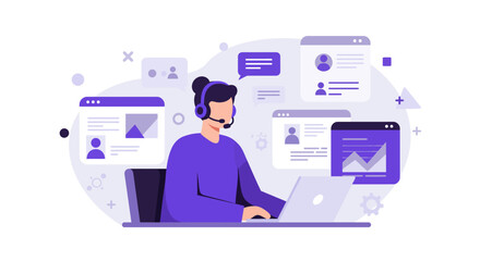 Customer Service Representative Working on Laptop with Headset.