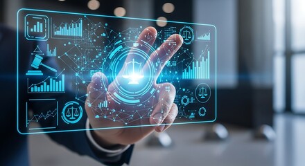 Hand interacting with a futuristic holographic interface displaying data analytics.