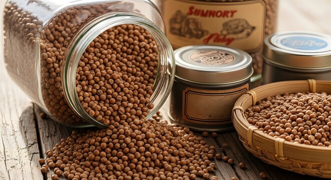 Seeds spices grains food cooking ingredient flavor aroma culinary herbs brown jars containers kitchen