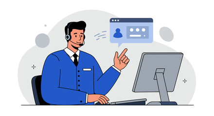 Friendly Customer Service Representative with Headset and Computer.