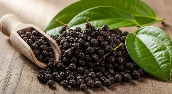 Black pepper spice peppercorns wooden spoon leaves ingredient culinary flavour aromatic seasoning food grains grains
