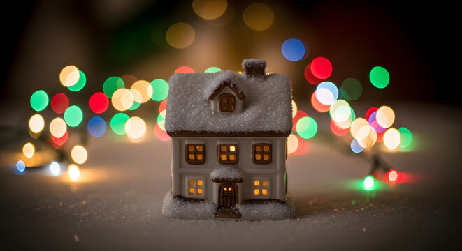 A miniature christmas house decoration covered in snow. Glowing windows with a festive bokeh lights background. Cozy winter holiday concept