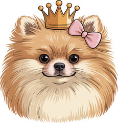 Cute Fluffy Pomeranian Dog with Crown and Pink Bow  Vector Illustration