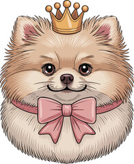 Cute Fluffy Pomeranian Dog with Crown and Pink Bow  Vector Illustration