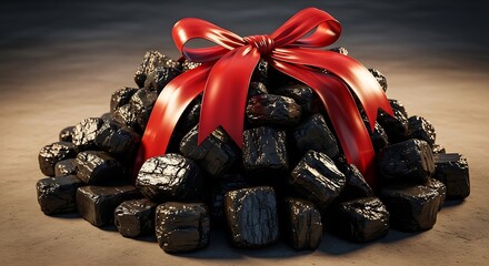 A pile of black coal chunks artfully arranged and tied with a large vibrant red satin bow