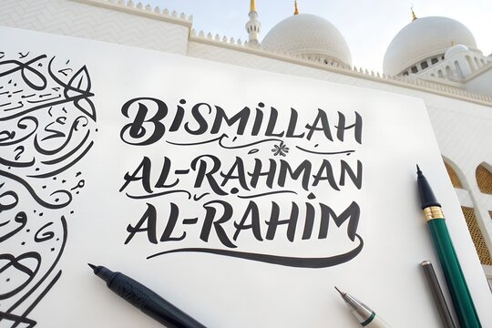 Islamic calligraphy art with Bismillah AlRahman AlRahim against mosque backdrop