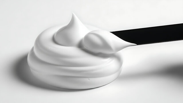 Swirls of rich shaving cream with a black razor blade on a white surface for smooth shave