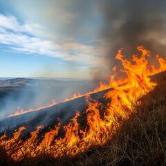 Fototapeta premium Wildfire on a grassy hillside under a cloudy sky smoke rising
