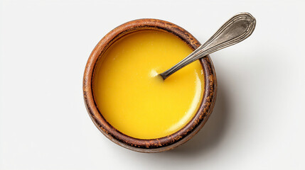 Golden clarified butter ghee in a rustic clay bowl with a spoon, isolated on white background