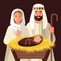 Flat illustration of the Holy Family with Mary praying and Joseph holding a staff next to Baby Jesus in a manger, Concept of Christmas and faithator Artwork