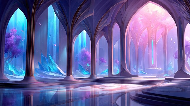 A grand, ethereal palace interior with ornate arches, glowing crystal formations, and mystical purple trees. The scene is illuminated by soft, magical light in