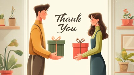 Cartoon Man Woman Gift Exchange Thank You Scene Indoor Bright Happy