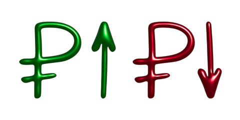 3d russian ruble currency symbol Growth and fall profit with arrow up and down Element for design