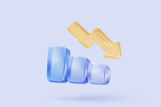 3D graph with plummeting on blue background. Business failure with negative trend concept, bar chart down. 3d representation for finance investment. 3d trading stock icon vector render illustration