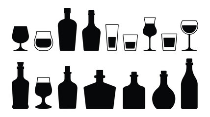 Alcohol bottles and glasses silhouette set