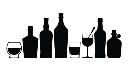Alcoholic drink bottles and glasses icon set