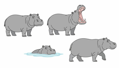 Collection of illustrated hippopotamus in various poses, including swimming and yawning