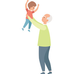 Joyful Grandfather Lifting Up Excited Young Boy Wearing Red Shirt and Blue Pants With Arms Raised High in Celebration Against a White Background