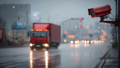 Rainy urban scene features a red surveillance camera with bright lights. A red truck moves on wet asphalt road. City buildings and street lights are blurred background. High quality