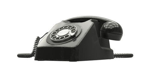 Classic black rotary dial telephone with coiled cord and handset. Iconic vintage design evokes nostalgia, analog communication, and historical aesthetics in telecommunication artifacts.