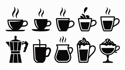 Diverse coffee and hot drink icons group.