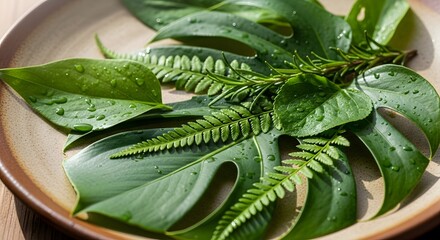Green leaves monstera fern rosemary plate nature fresh foliage botanical greenery vibrant natural organic dew drops