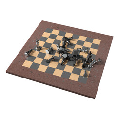 Metallic chess pieces scattered across board in disarray. Chaotic mid-game moment evokes tension, collapse, and dramatic shift in strategic dynamics. High contrast and reflective surfaces enhance impa