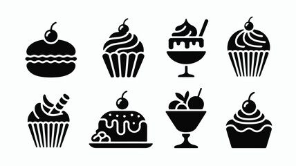 Black dessert sweet food icons set vector