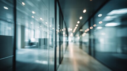 Fototapeta premium Blurred photography of a modern office corridor background with sleek design elements. High quality