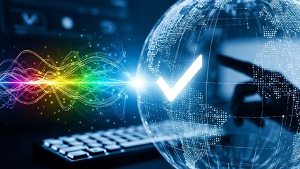 Abstract digital globe with glowing checkmark symbol and rainbow light streaks over keyboard