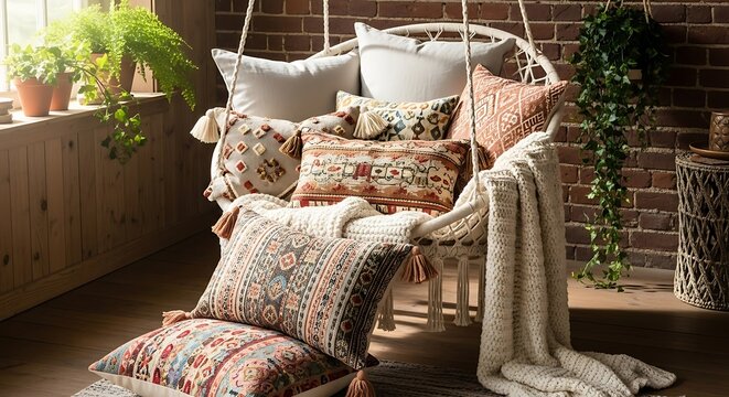 Cozy boho hanging chair adorned with plush pillows and a textured blanket on a sunny balcony - Powered by Adobe